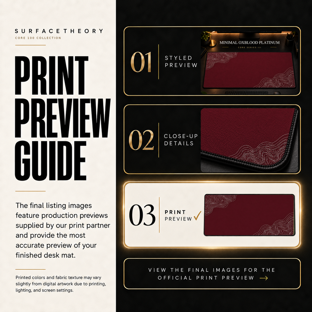 Minimal Oxblood Platinum print preview guide comparing styled presentation, close-up and print reference.