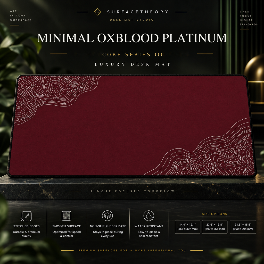 Minimal Oxblood Platinum desk mat on a studio display with size and product information.