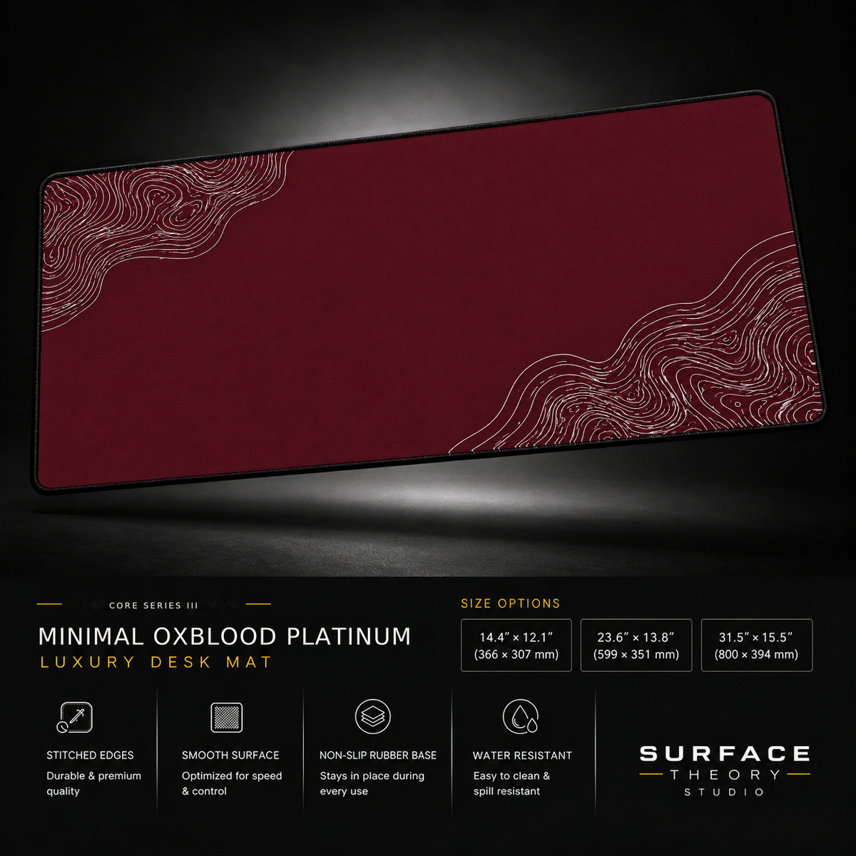 Minimal Oxblood Platinum desk mat floating against a dark studio background.