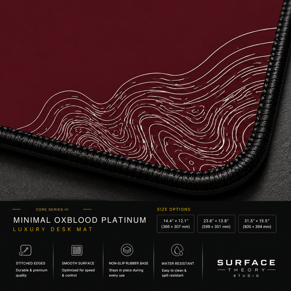 Close-up of Minimal Oxblood Platinum printed artwork and black stitched corner.