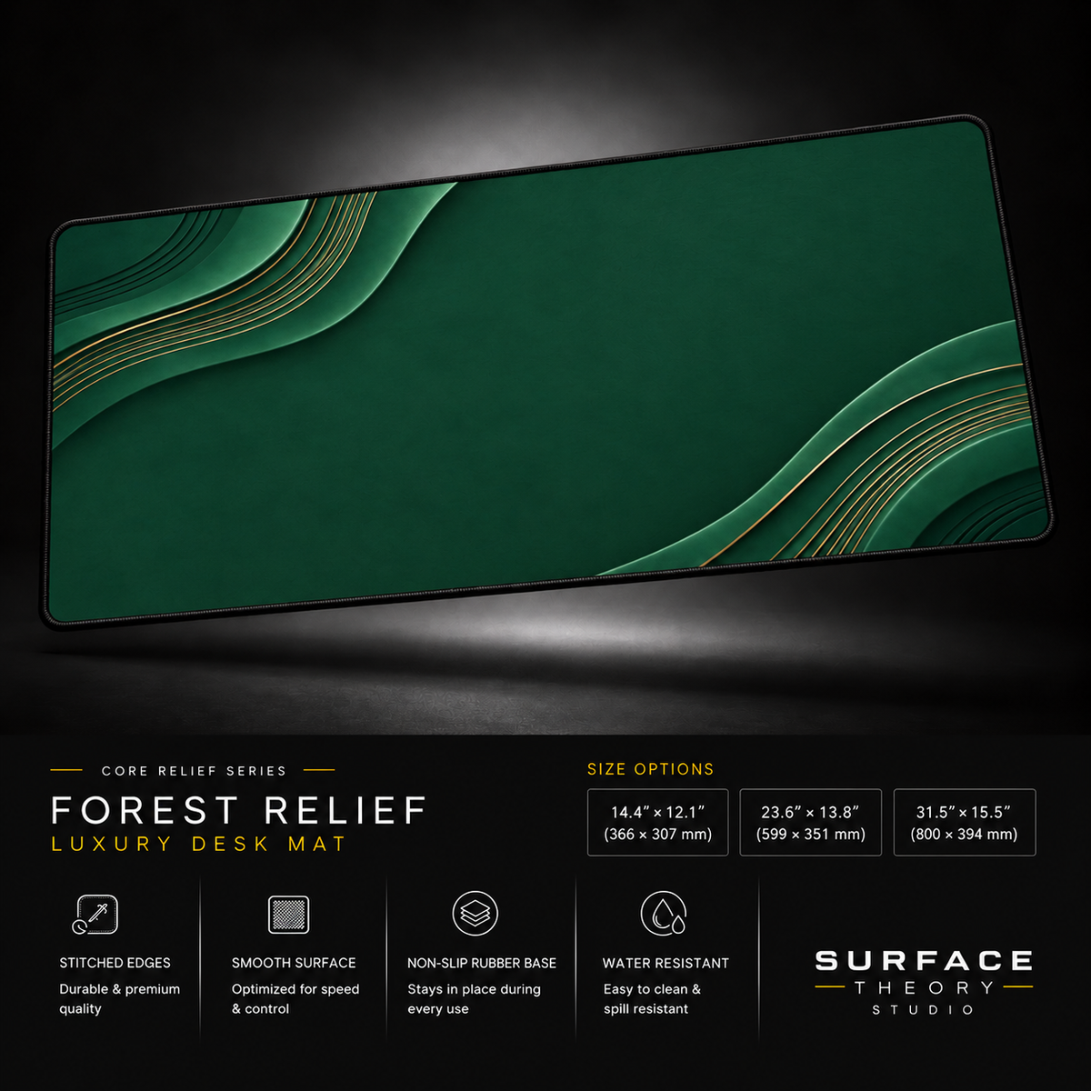 Forest Relief desk mat floating against a dark studio background.