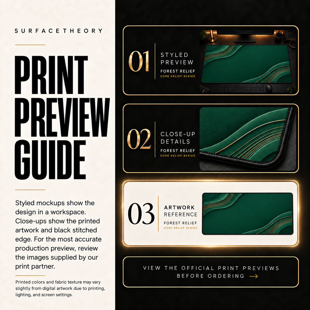 Forest Relief print preview guide comparing styled presentation, close-up and artwork reference.
