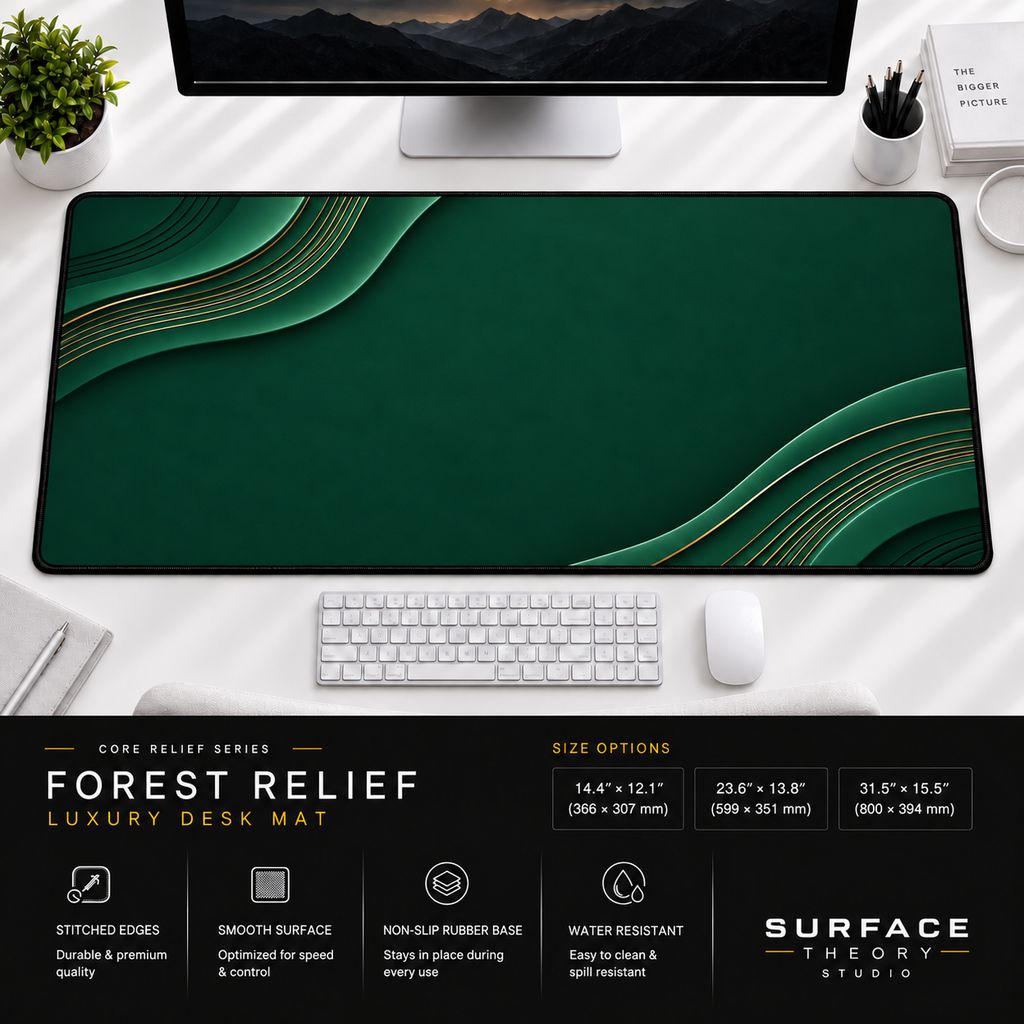 Forest Relief desk mat beneath a monitor on a bright desk with a white keyboard and mouse.