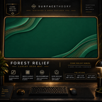 Forest Relief desk mat in a gold-toned showcase frame above a keyboard.