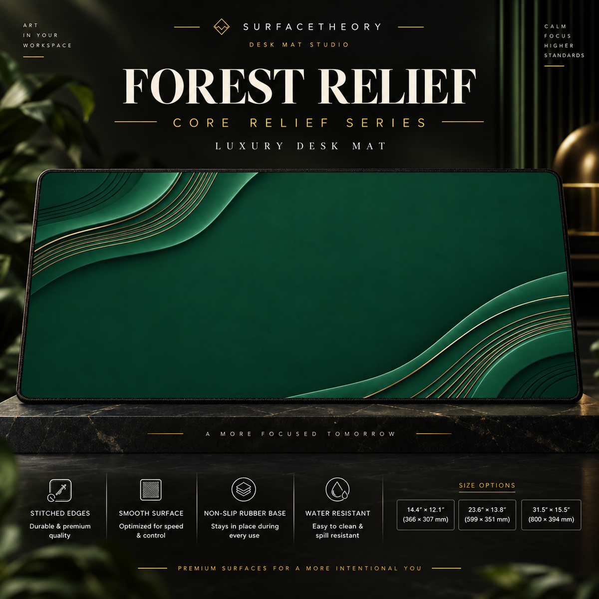 Forest Relief desk mat on a studio display with size and product information.