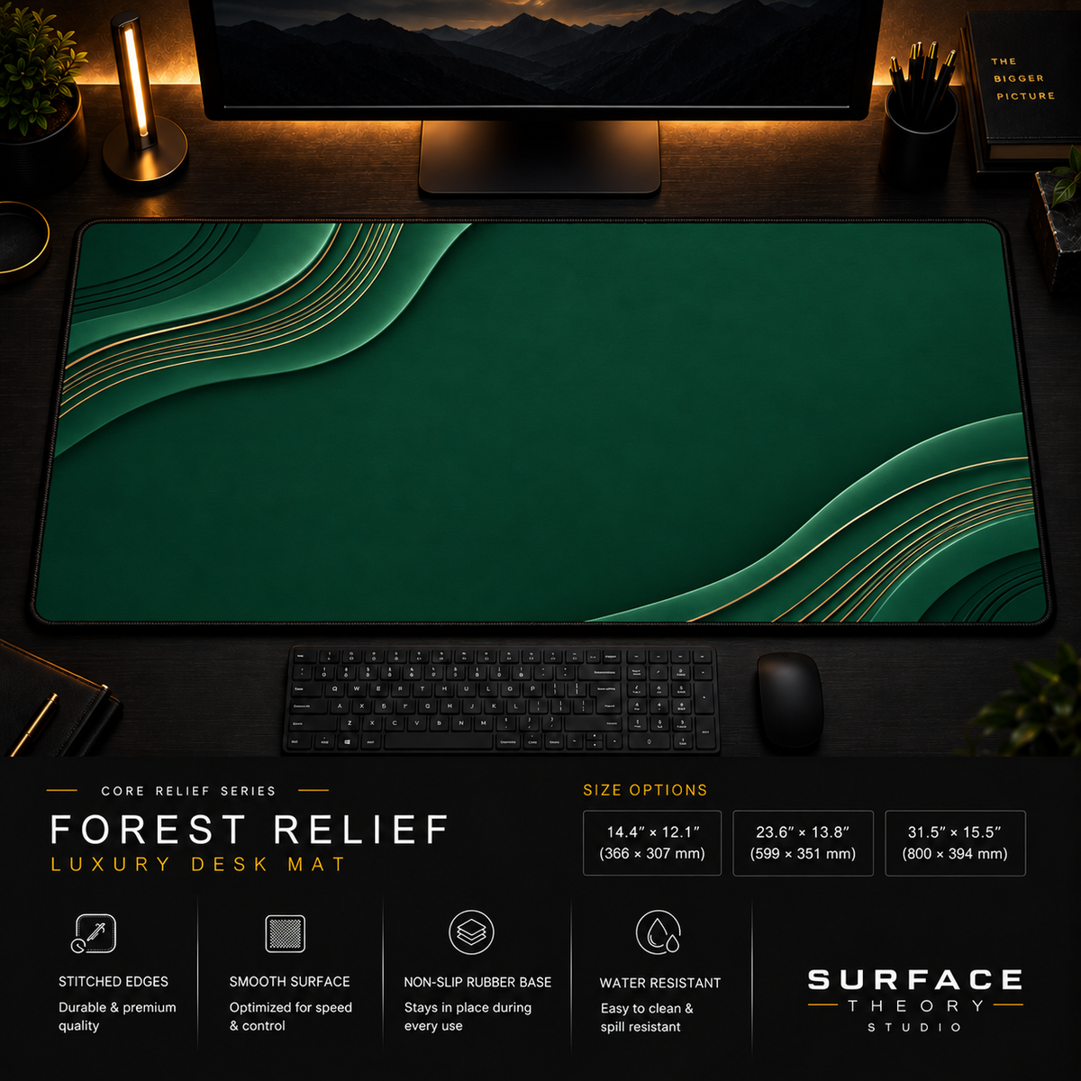 Forest Relief desk mat in a dark workstation with warm monitor lighting.