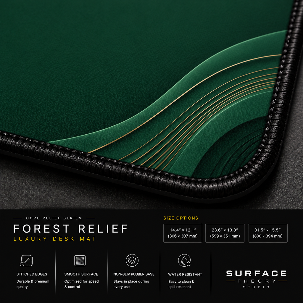 Close-up of Forest Relief printed artwork and black stitched corner.
