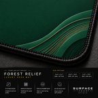 Close-up of Forest Relief printed artwork and black stitched corner.
