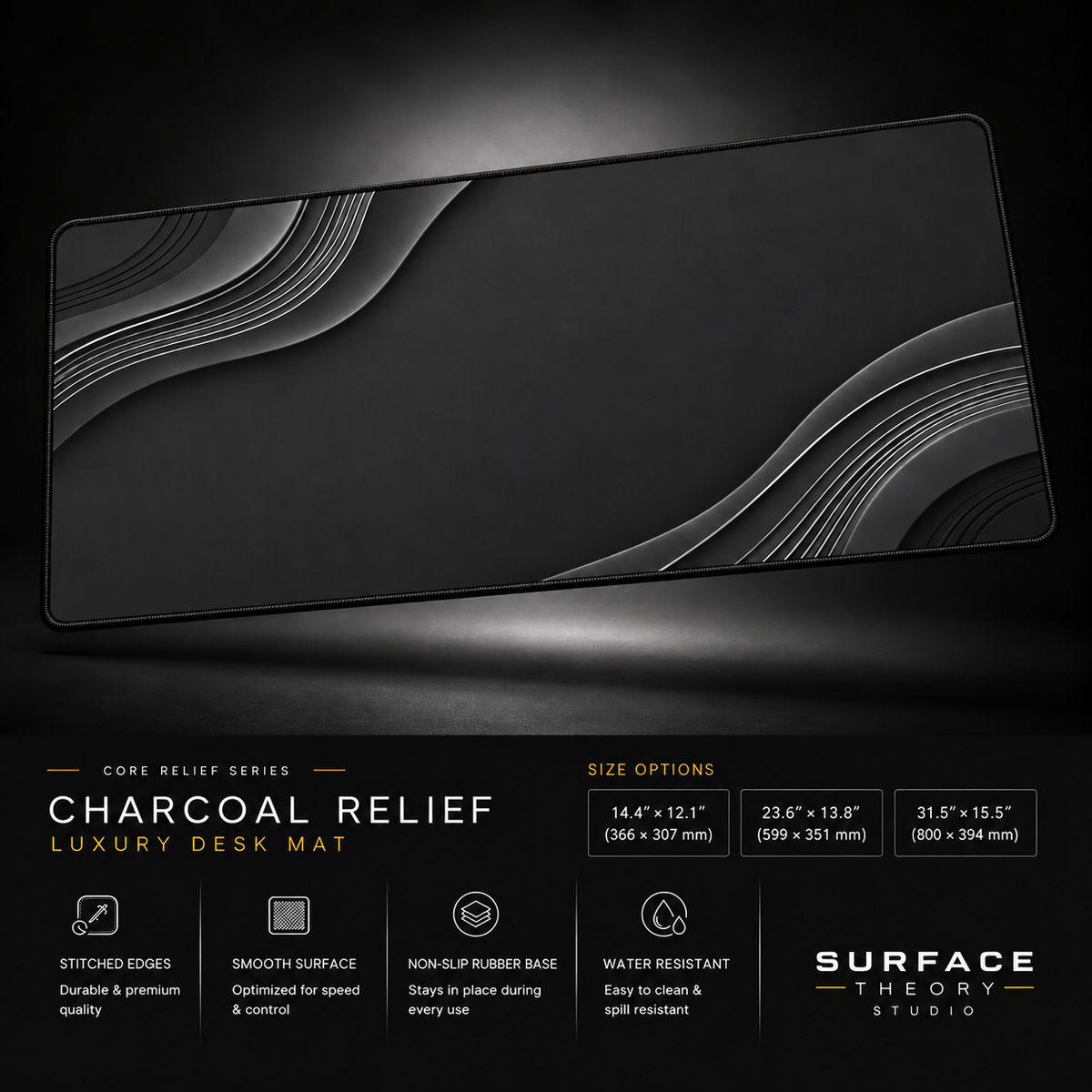 Charcoal Relief desk mat floating against a dark studio background.