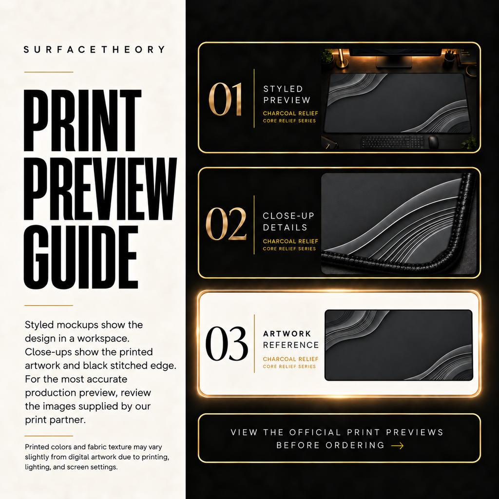 Charcoal Relief print preview guide comparing styled presentation, close-up and artwork reference.