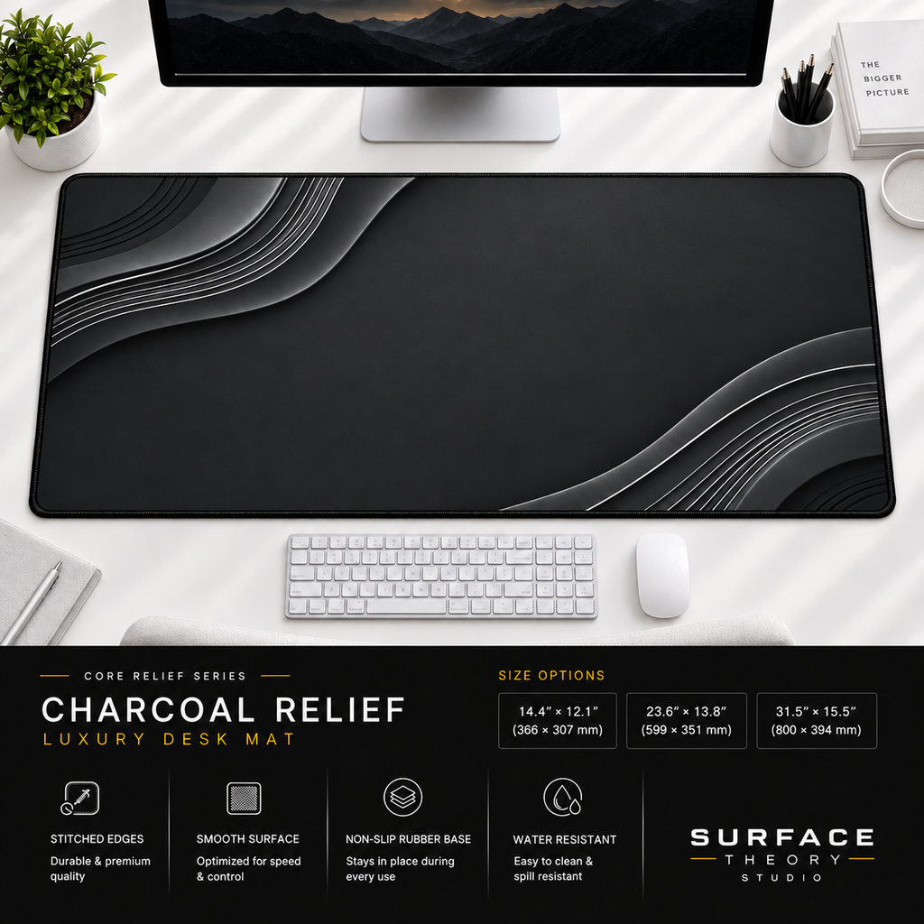 Charcoal Relief desk mat beneath a monitor on a bright desk with a white keyboard and mouse.