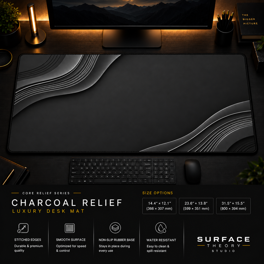 Charcoal Relief desk mat in a dark workstation with warm monitor lighting.