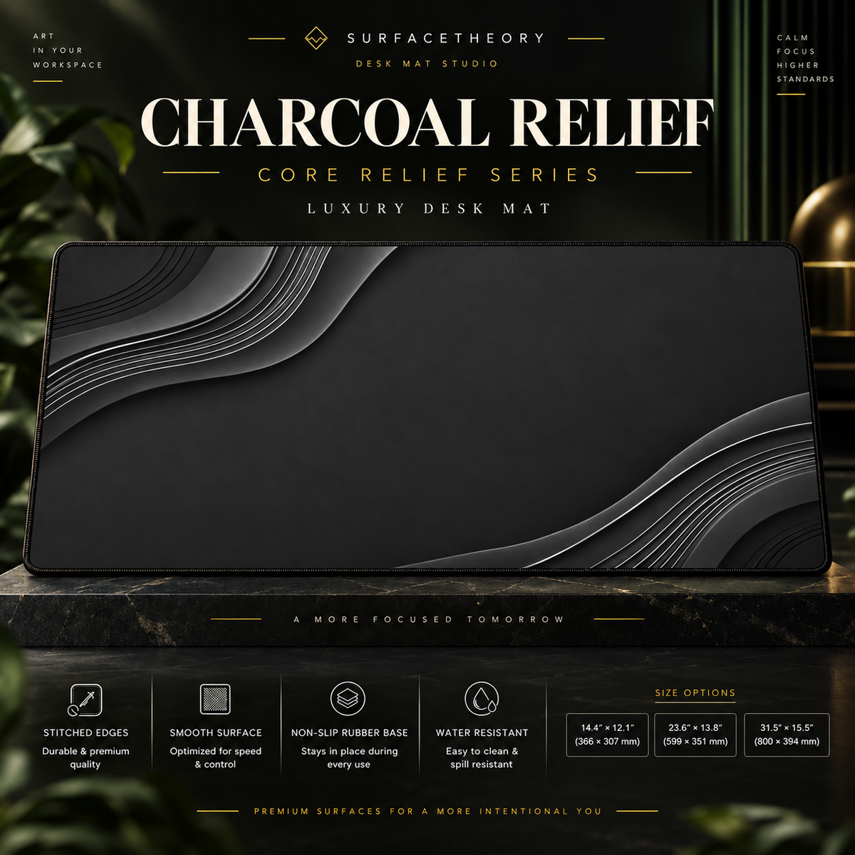 Charcoal Relief desk mat on a studio display with size and product information.