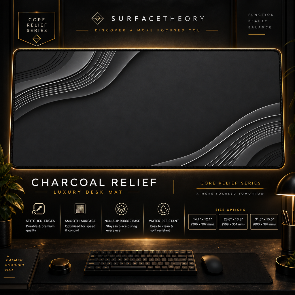 Charcoal Relief desk mat in a gold-toned showcase frame above a keyboard.