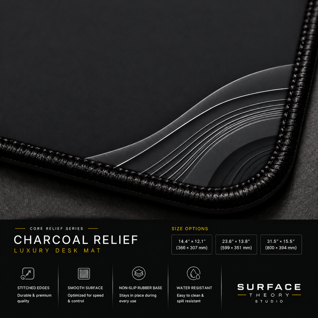 Close-up of Charcoal Relief printed artwork and black stitched corner.