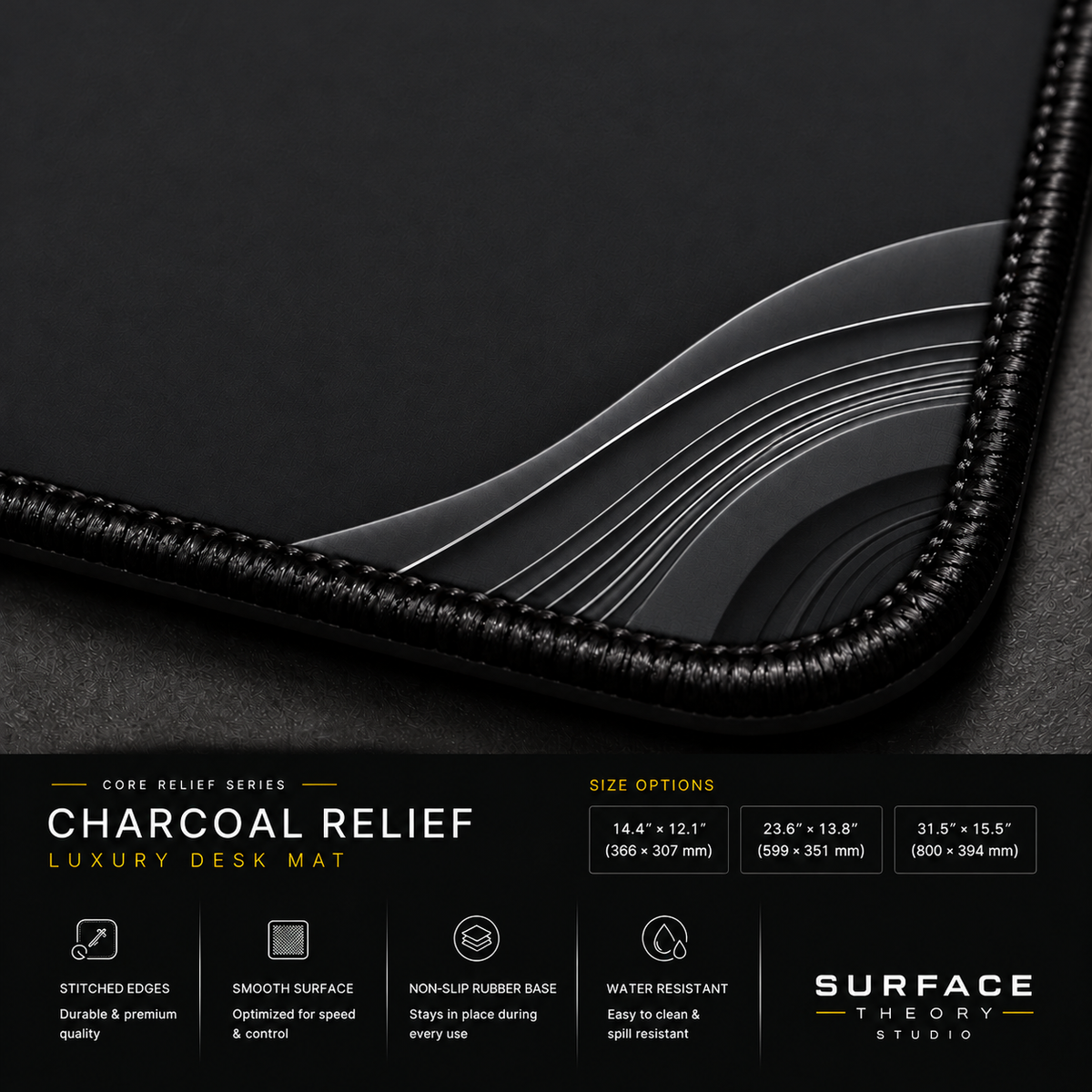 Close-up of Charcoal Relief printed artwork and black stitched corner.