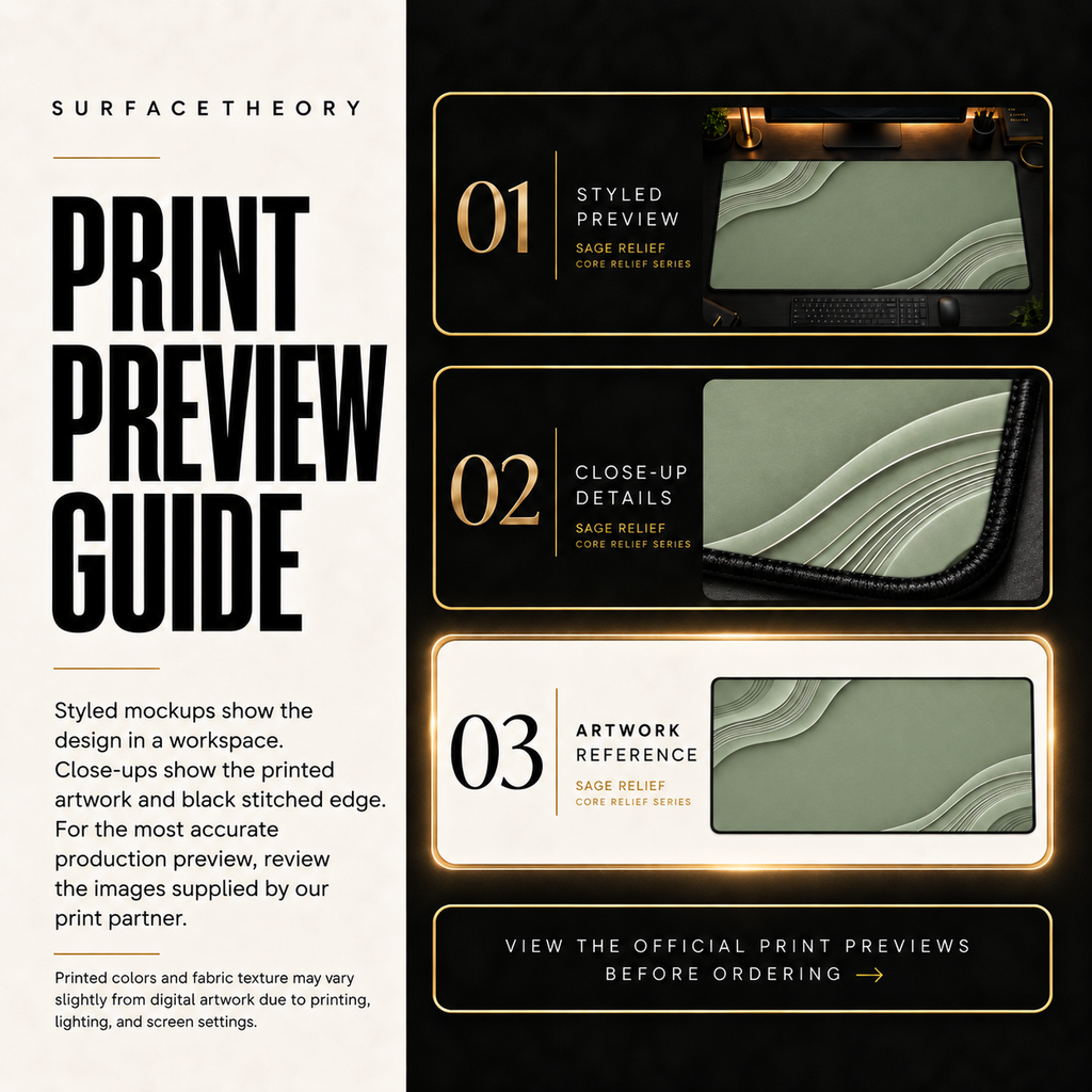Sage Relief print preview guide comparing styled presentation, close-up and artwork reference.