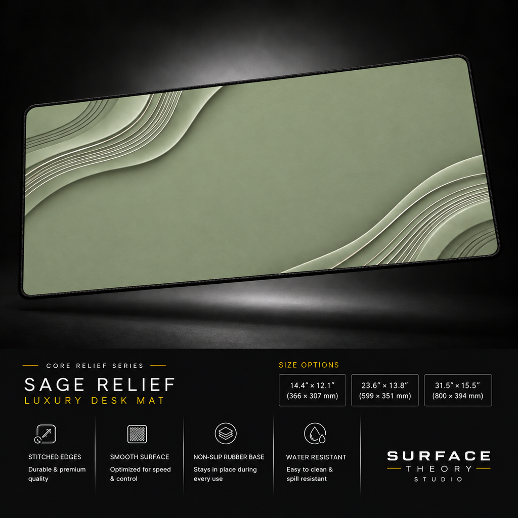 Sage Relief desk mat floating against a dark studio background.
