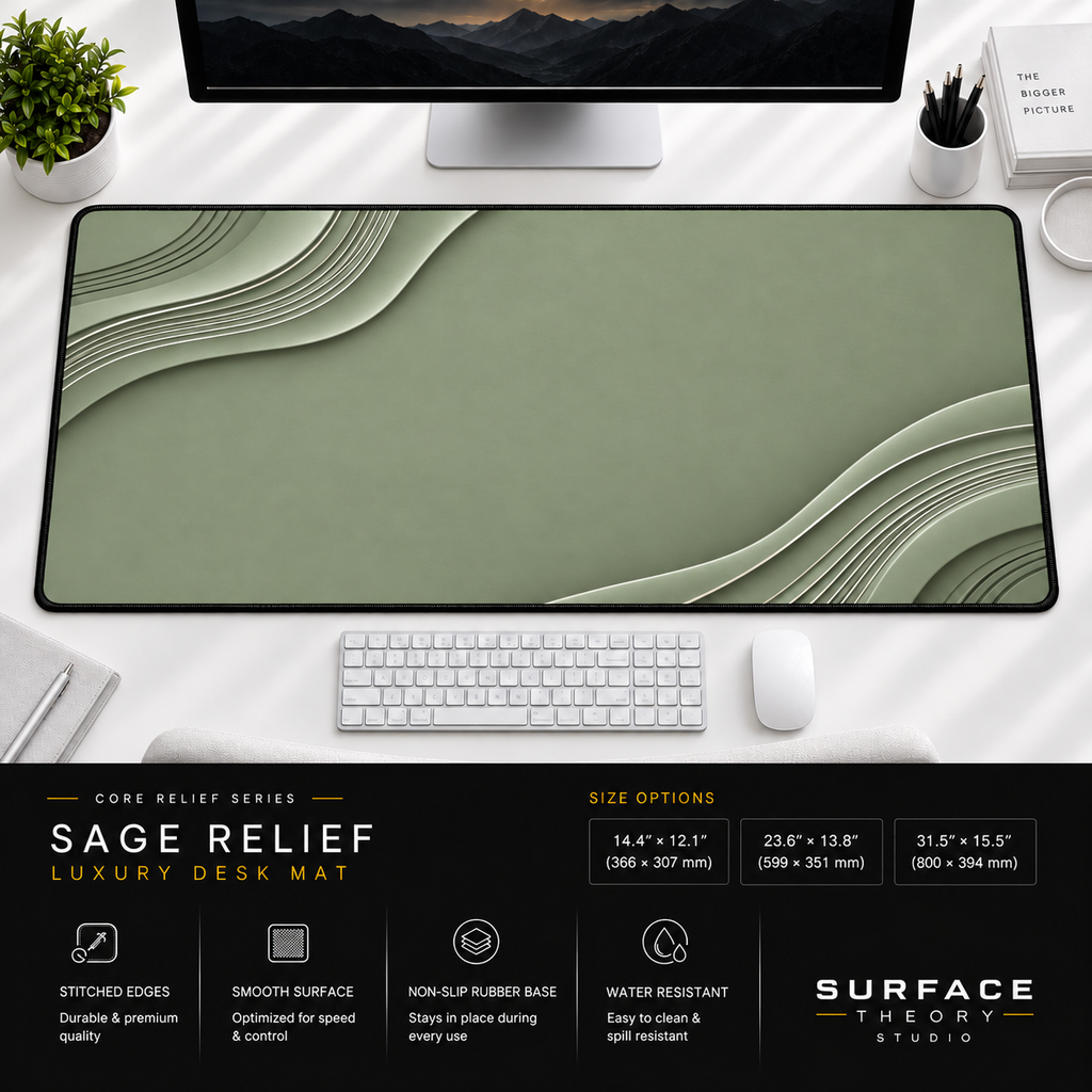 Sage Relief desk mat beneath a monitor on a bright desk with a white keyboard and mouse.