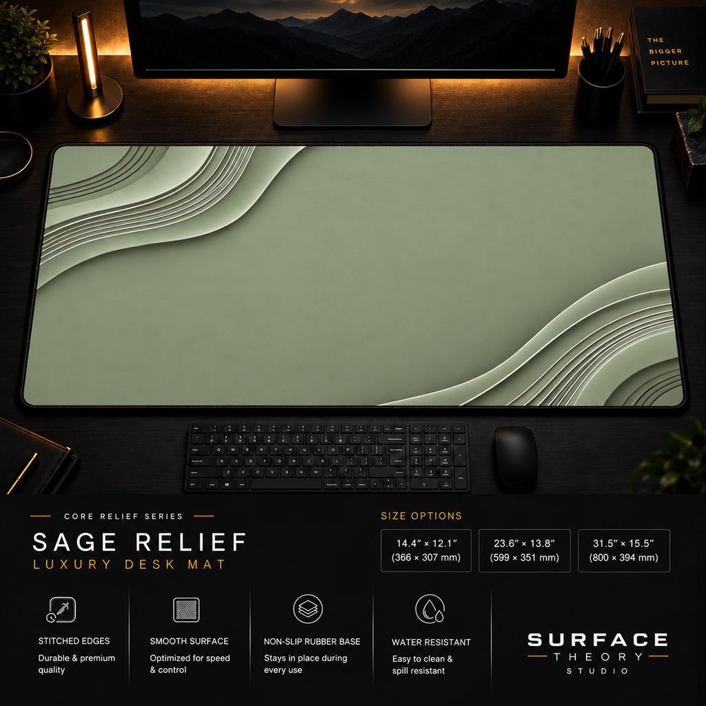 Sage Relief desk mat in a dark workstation with warm monitor lighting.