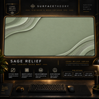Sage Relief desk mat in a gold-toned showcase frame above a keyboard.