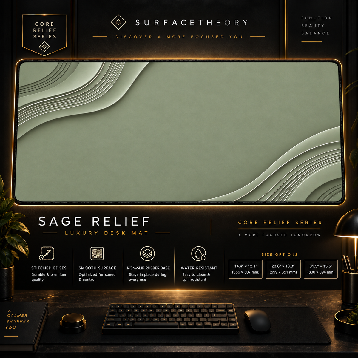 Sage Relief desk mat in a gold-toned showcase frame above a keyboard.