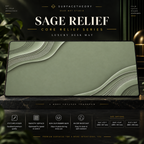 Sage Relief desk mat on a studio display with size and product information.