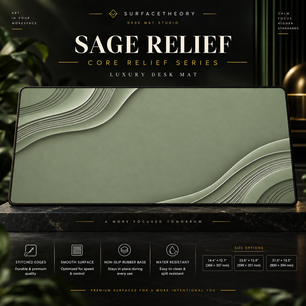 Sage Relief desk mat on a studio display with size and product information.