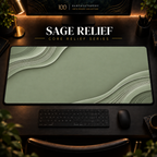 Sage Relief desk mat in a warm, dark workspace.