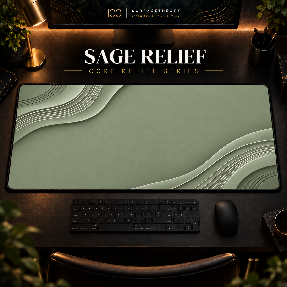 Sage Relief desk mat in a warm, dark workspace.