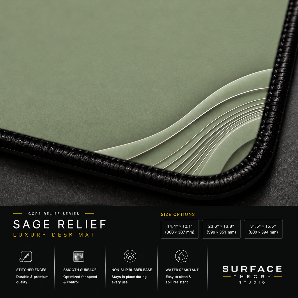Close-up of Sage Relief printed artwork and black stitched corner.