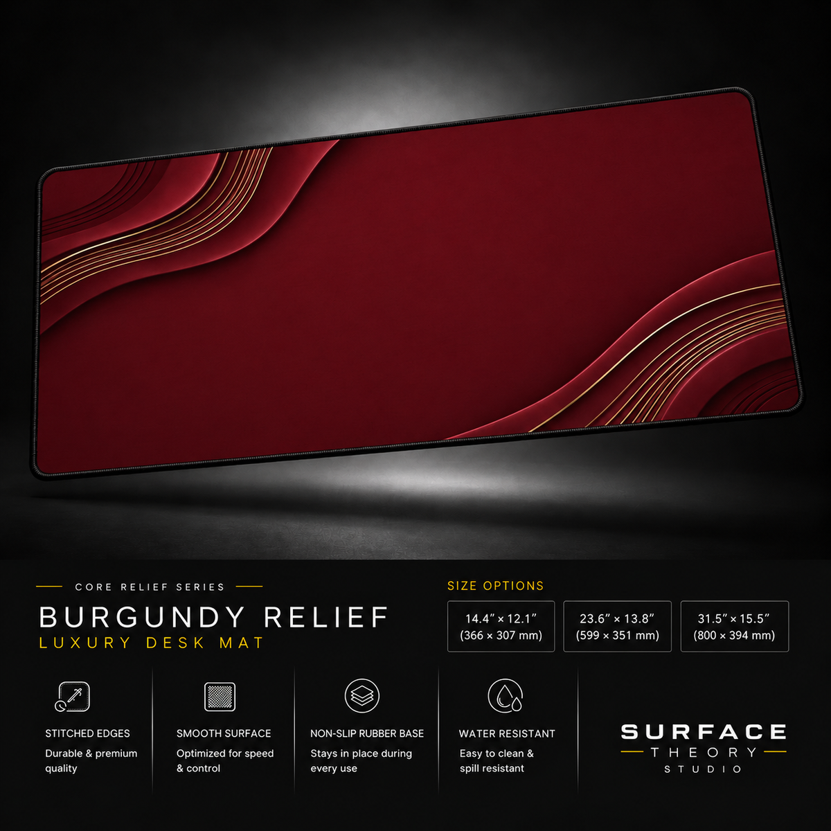 Burgundy Relief desk mat floating against a dark studio background.