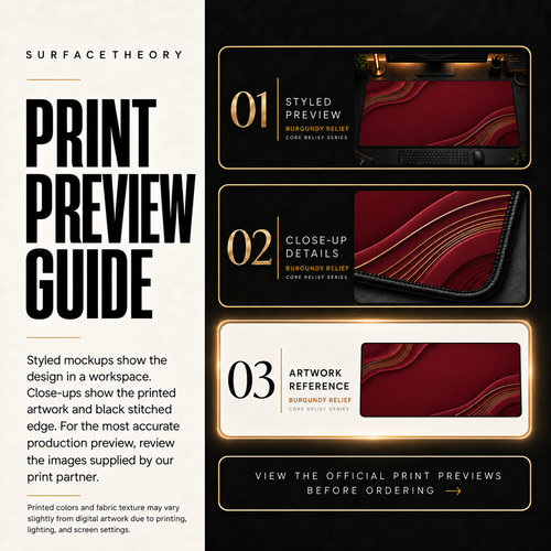 Burgundy Relief print preview guide comparing styled presentation, close-up and artwork reference.