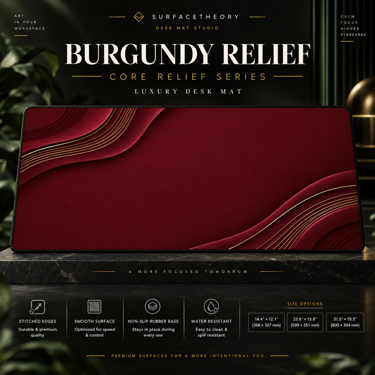 Burgundy Relief desk mat on a studio display with size and product information.