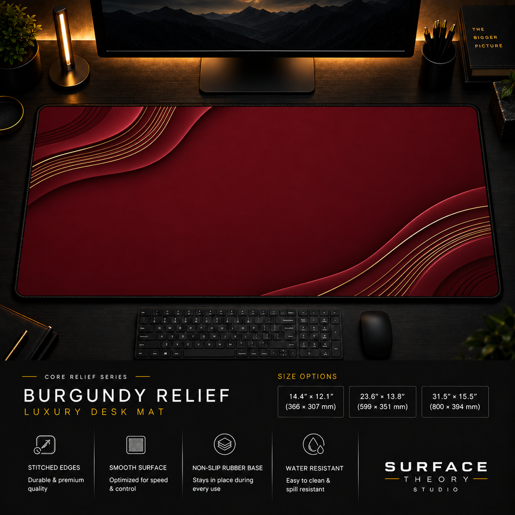 Burgundy Relief desk mat in a dark workstation with warm monitor lighting.