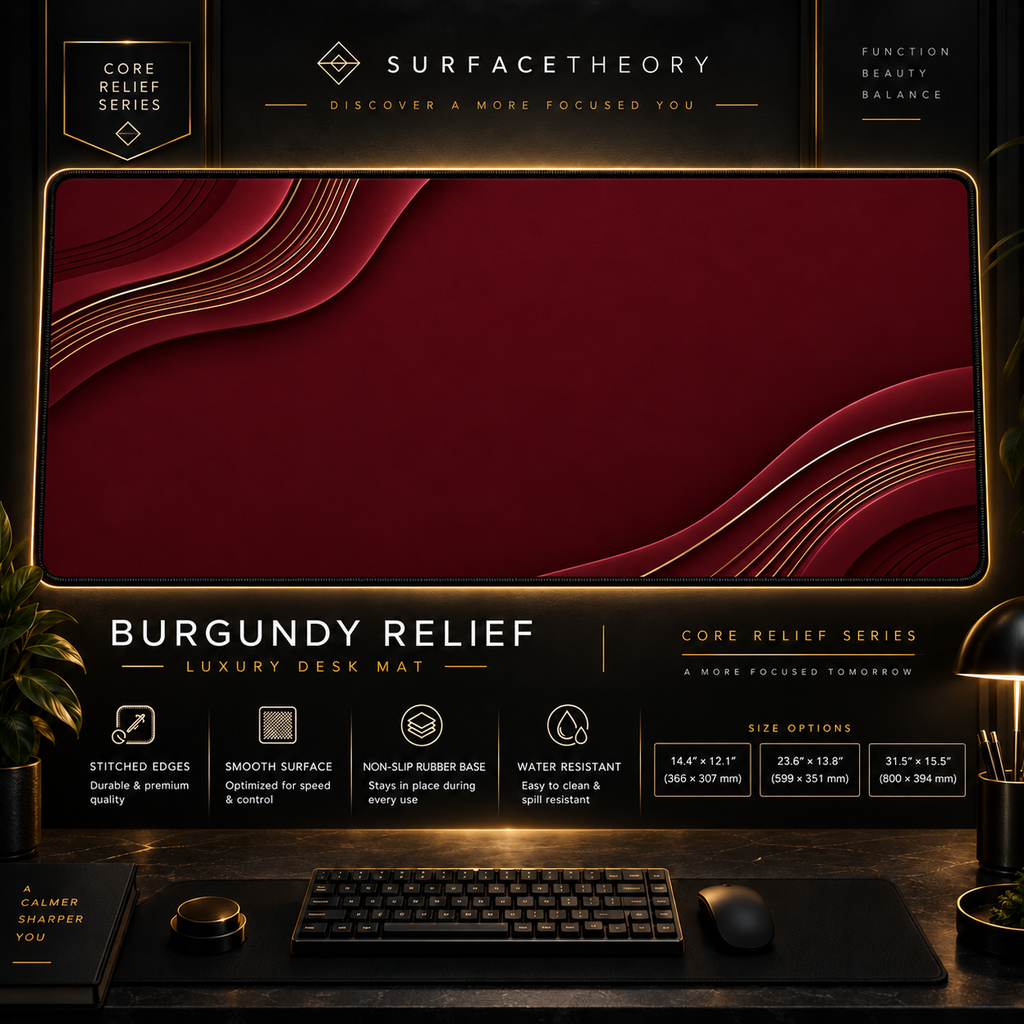 Burgundy Relief desk mat in a gold-toned showcase frame above a keyboard.