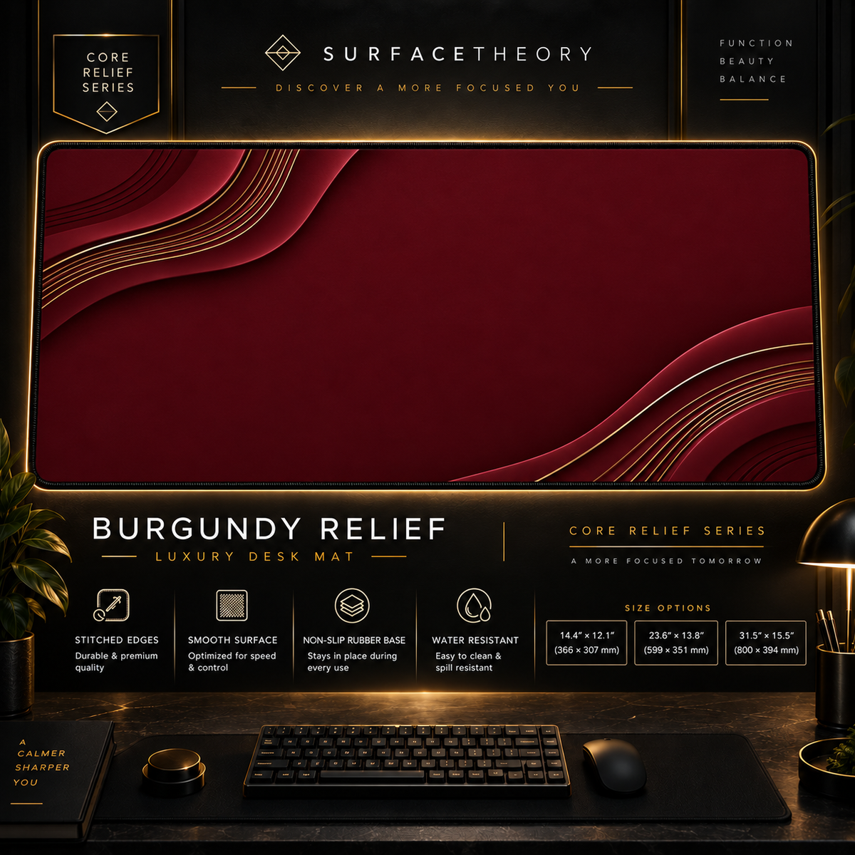 Burgundy Relief desk mat in a gold-toned showcase frame above a keyboard.