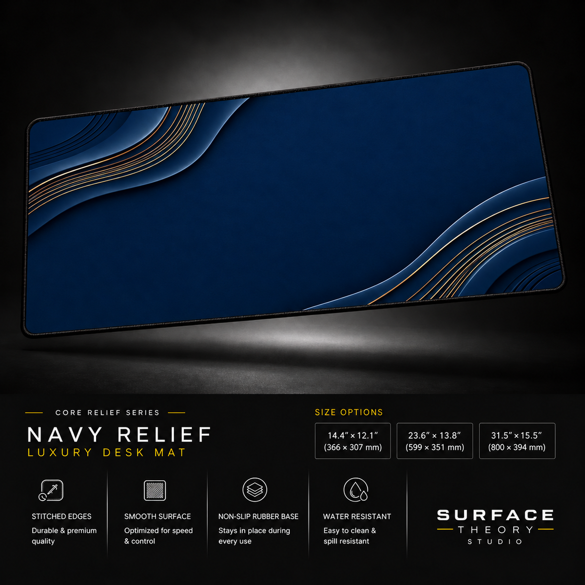 Navy Relief desk mat floating against a dark studio background.