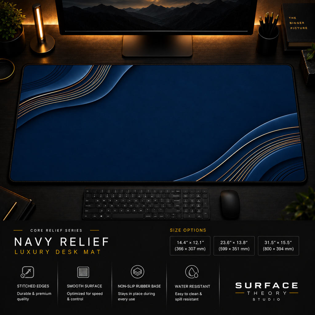 Navy Relief desk mat in a dark workstation with warm monitor lighting.