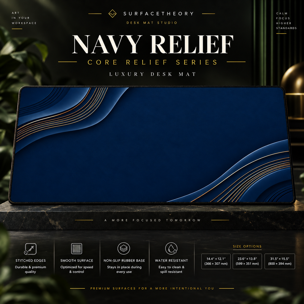 Navy Relief desk mat on a studio display with size and product information.