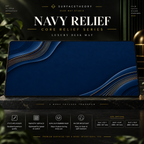 Navy Relief desk mat on a studio display with size and product information.