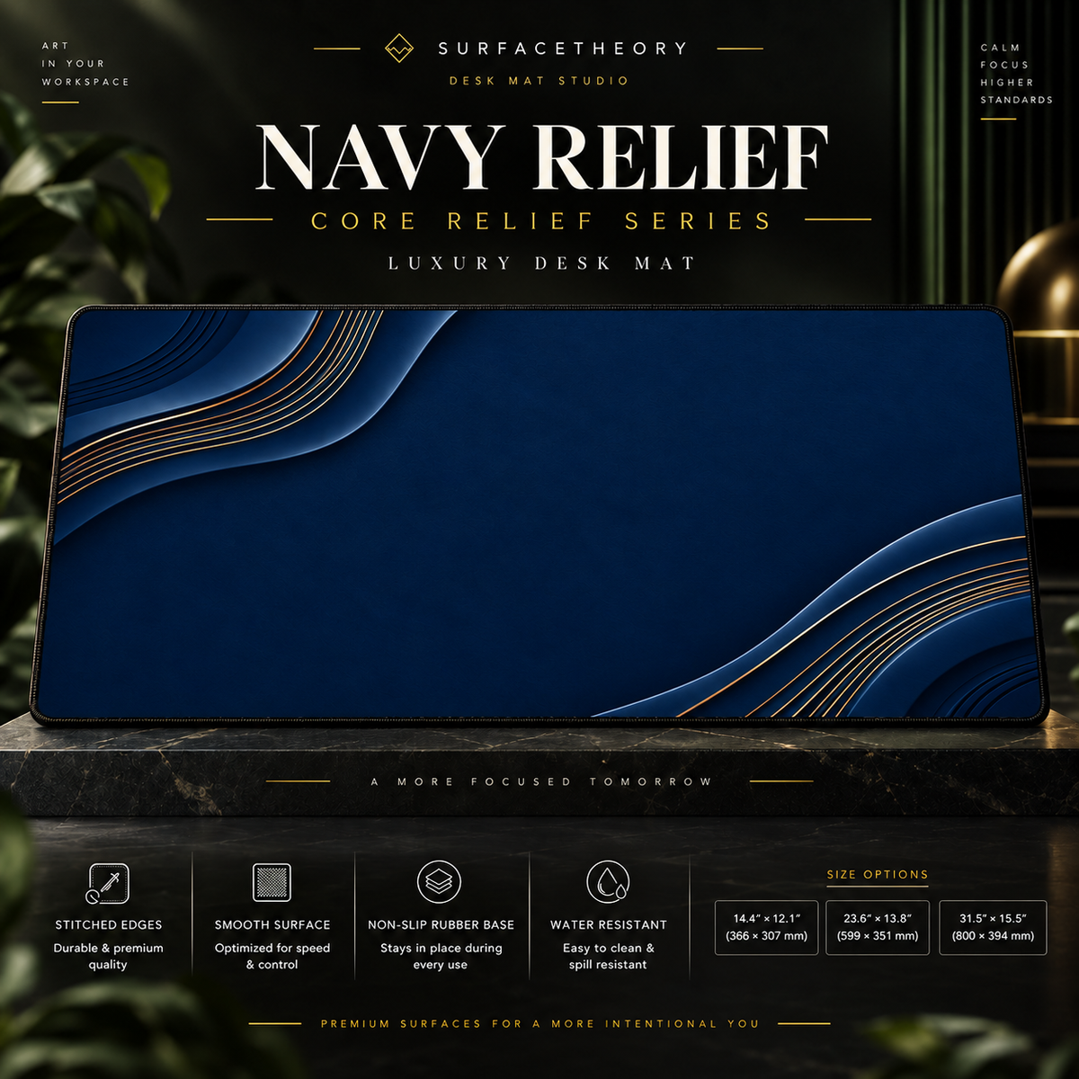 Navy Relief desk mat on a studio display with size and product information.