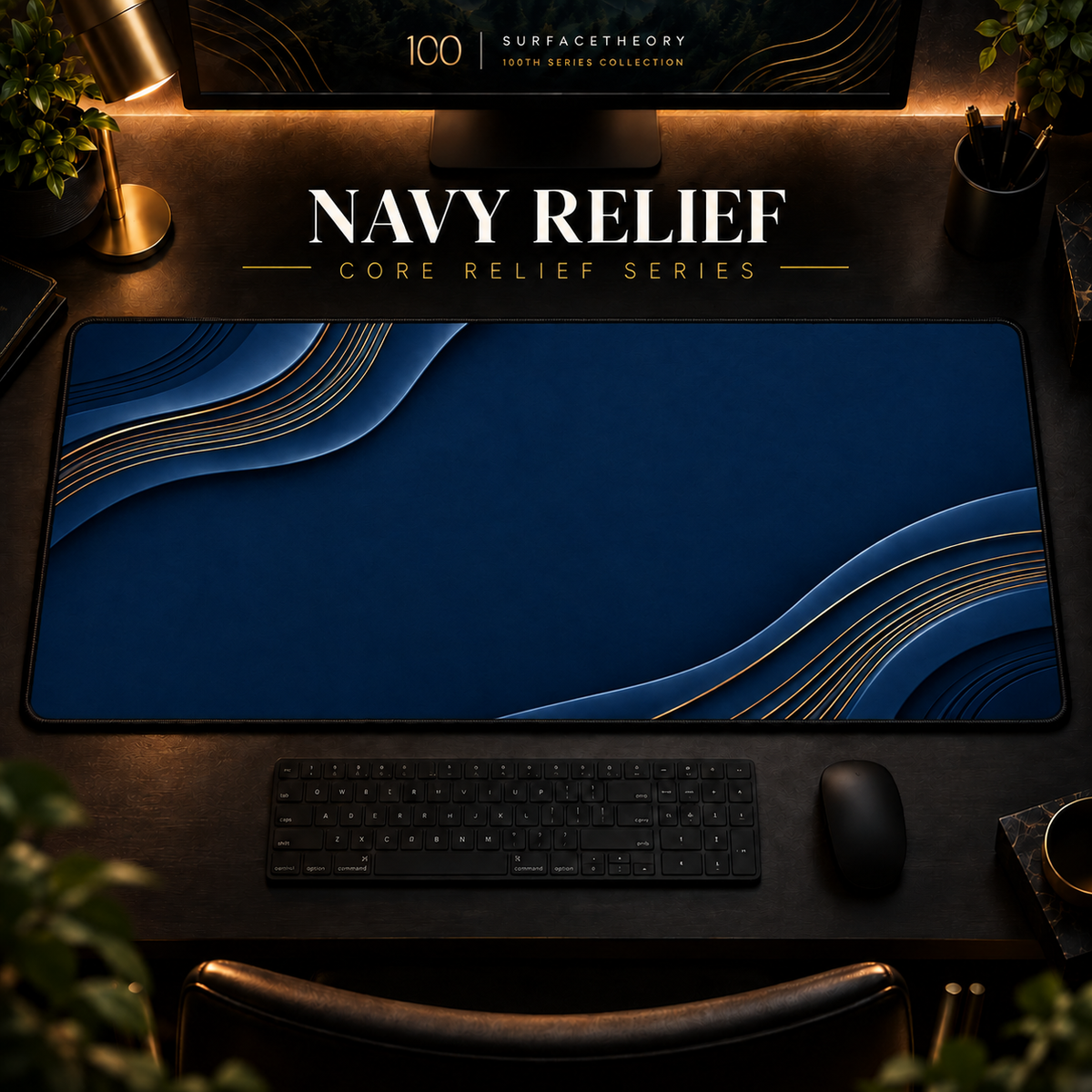 Navy Relief desk mat in a warm, dark workspace.