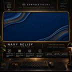 Navy Relief desk mat in a gold-toned showcase frame above a keyboard.