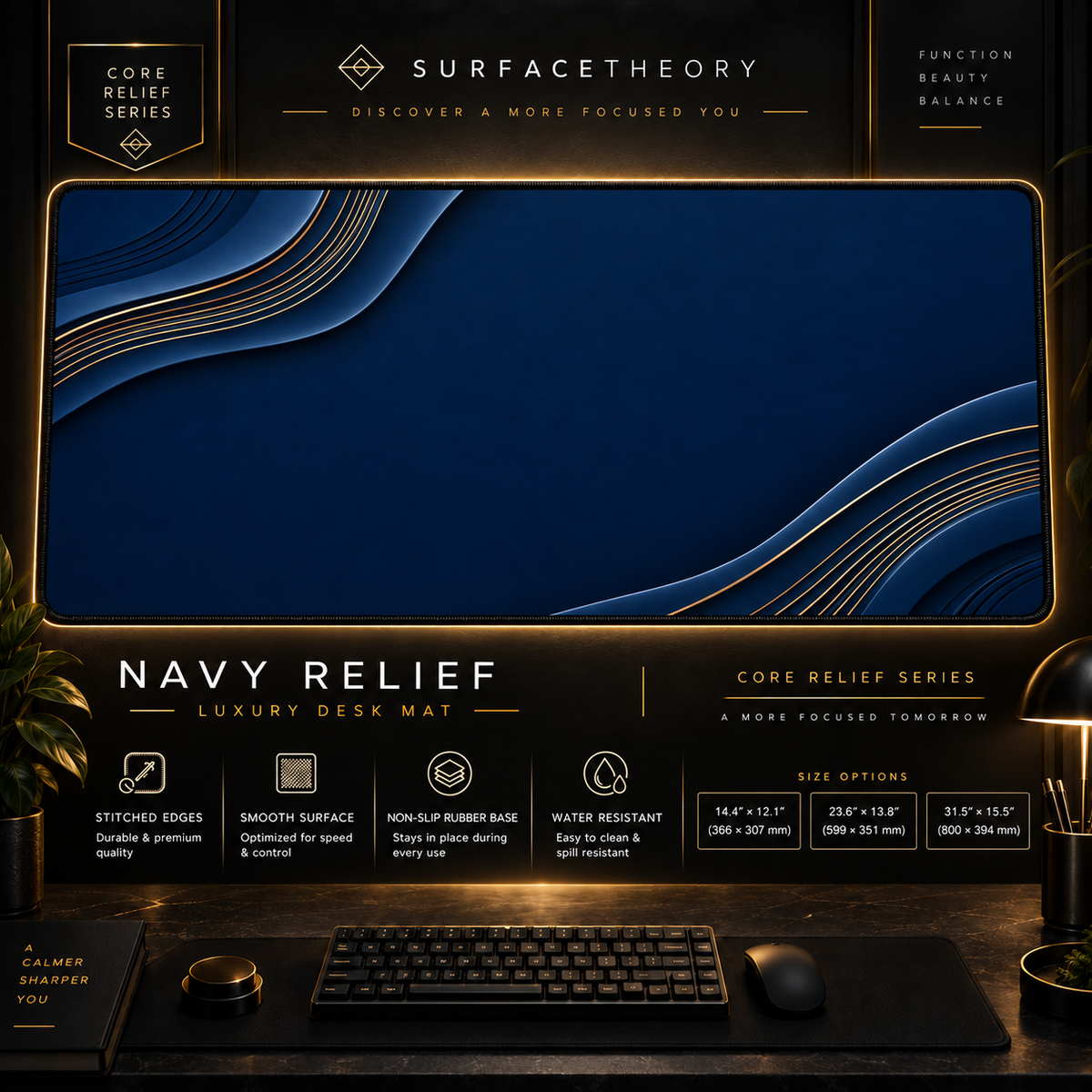 Navy Relief desk mat in a gold-toned showcase frame above a keyboard.