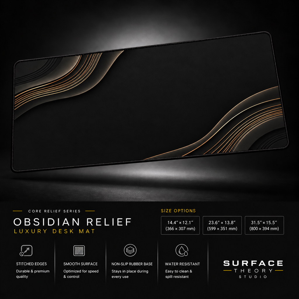 Obsidian Relief desk mat floating against a dark studio background.