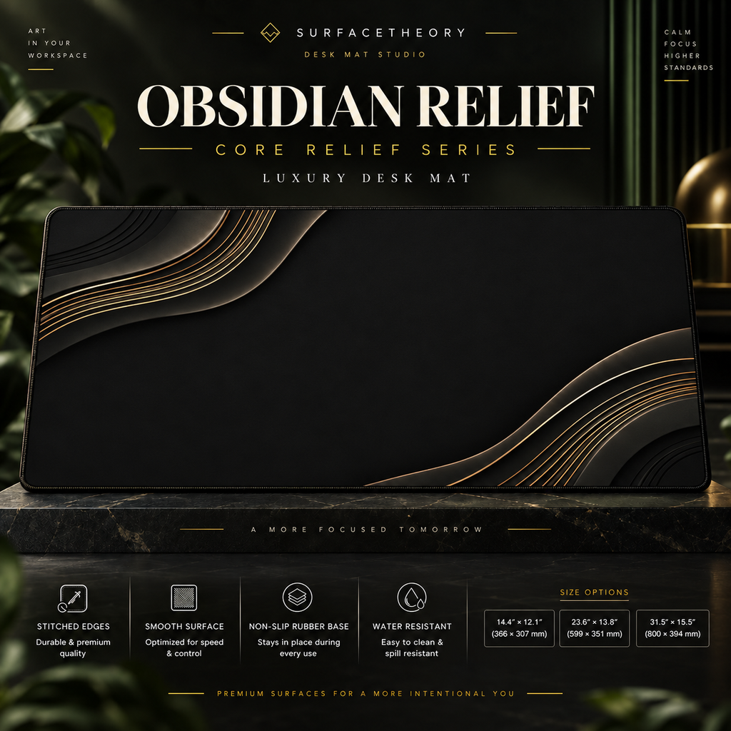 Obsidian Relief desk mat on a studio display with size and product information.