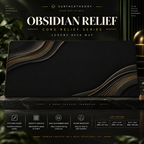 Obsidian Relief desk mat on a studio display with size and product information.