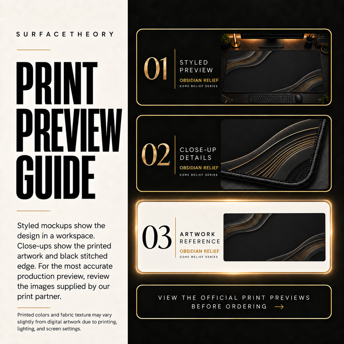 Obsidian Relief print preview guide comparing styled presentation, close-up and artwork reference.