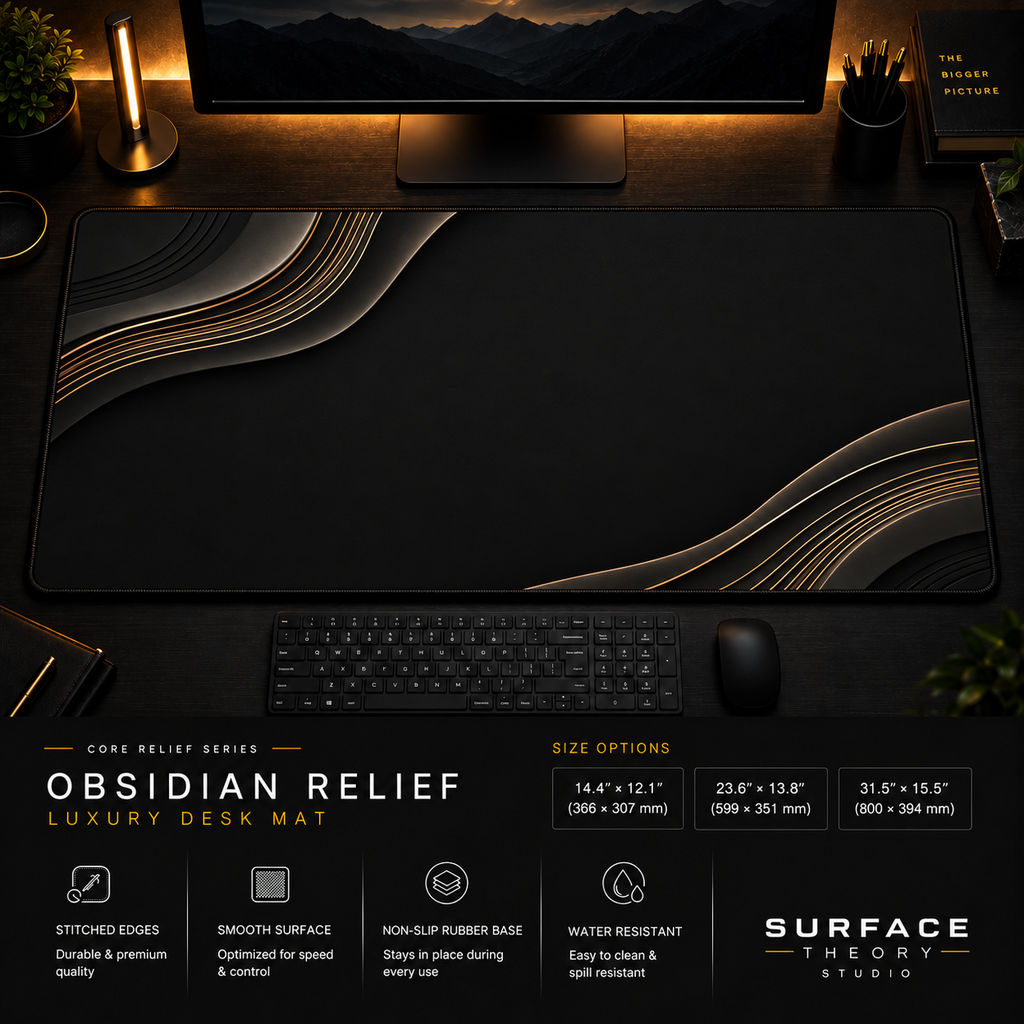 Obsidian Relief desk mat in a dark workstation with warm monitor lighting.